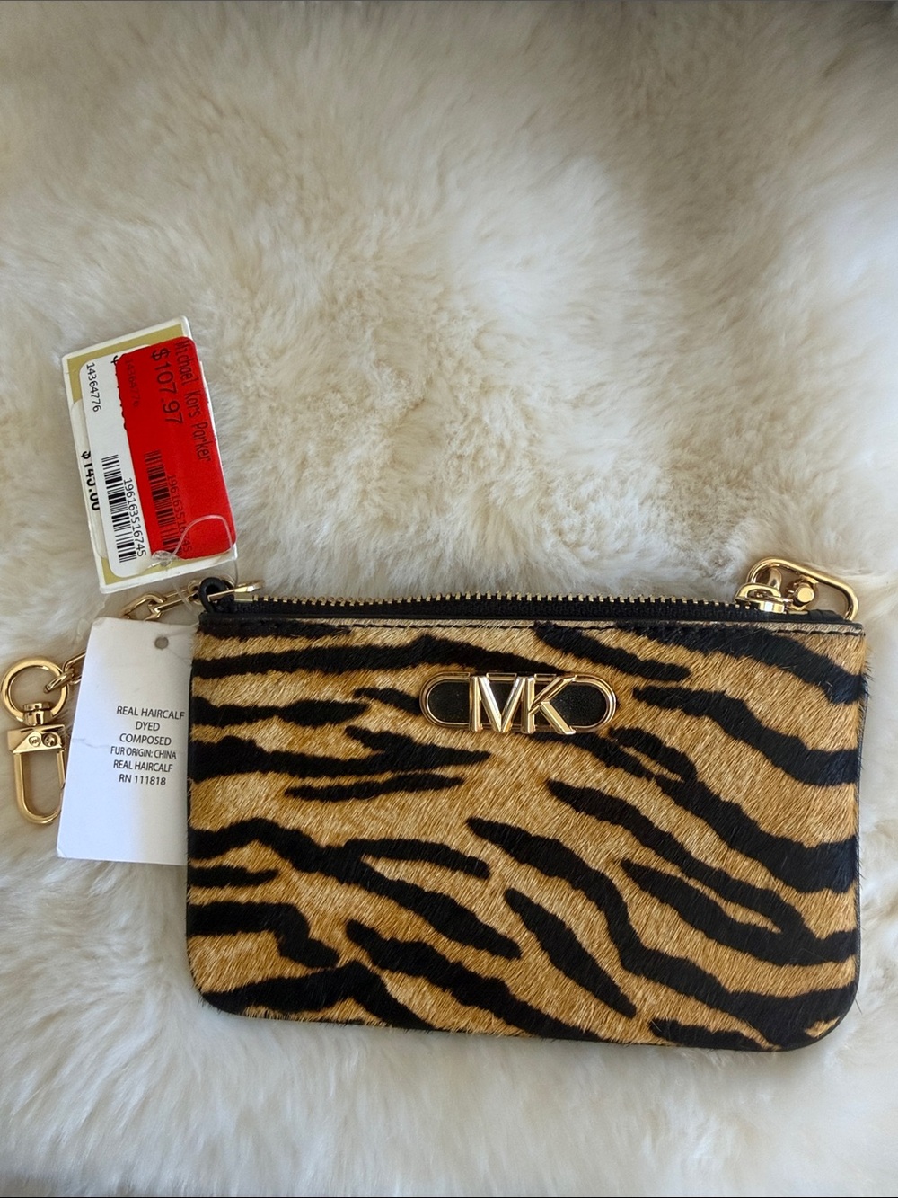 Michael Kors Tiger Stripe Haircalf Wristlet Wallet Tan/Black with Gold Hardware